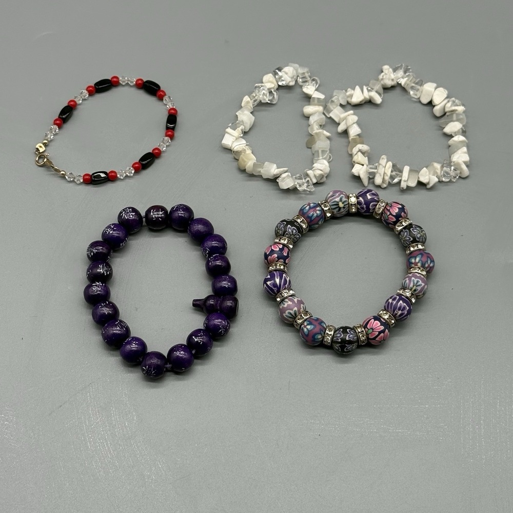 Vintage Bracelet Lot Beaded Stretch Stone Wood Floral Costume Jewelry 5 Pc Y2K